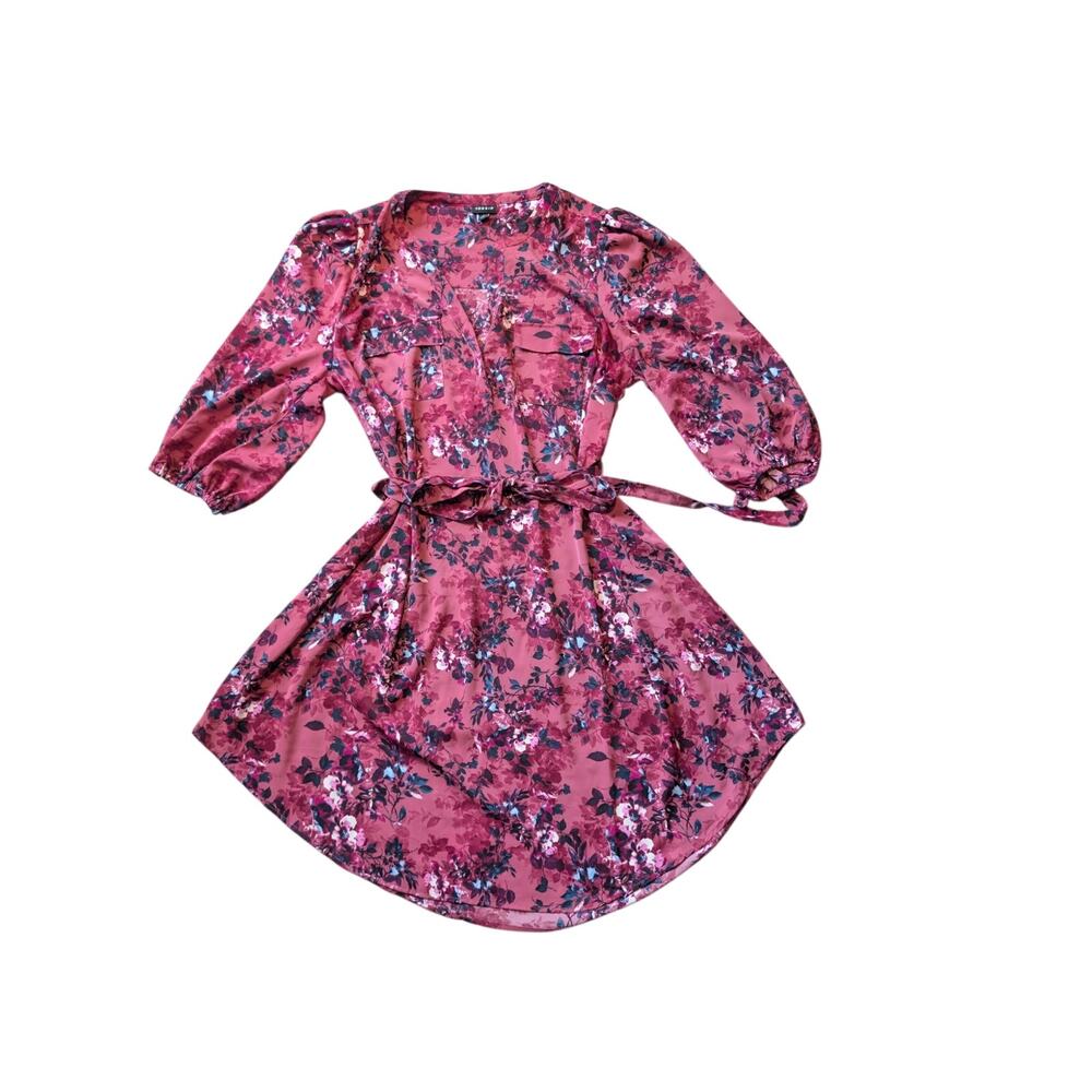 Torrid Women's Plus Size 1X Pink Floral Chiffon Faux Wrap Tie Waist Dress